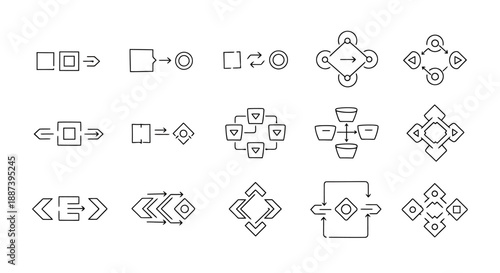 Collection of Process Flow Diagram Elements and Symbols Representing Data Transformation and Workflow Automation Concepts
