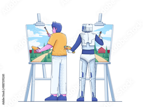 Human artist painting on canvas, while beside him an AI robot stands copying the artwork onto its own canvas. Depict the controversy surrounding Generative AI and the creativity of human artists
