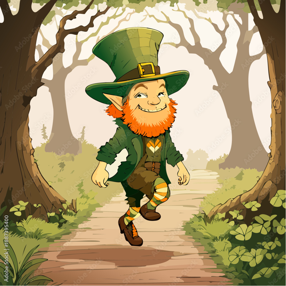 Fototapeta premium Smiling cartoon leprechaun with a vibrant pink beard and green hat.