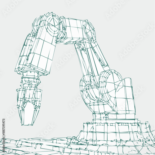 Schematic wireframe illustration of an industrial robotic manipulator arm.