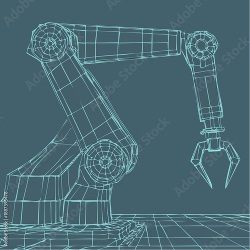 3D wireframe model of an automated industrial robot arm.