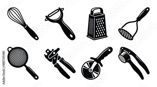 Kitchen utensils vector illustrations: whisk, peeler, grater, masher, strainer, can opener, pizza cutter, garlic press.