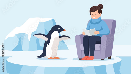 Penguin interacts with woman reading in armchair on ice floe