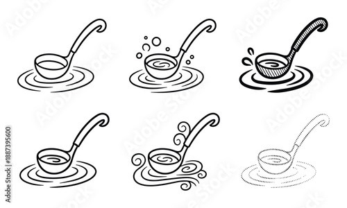 Ladle soup designs, sketch style vector illustration of soup ladle, various cooking utensil doodle icons collection