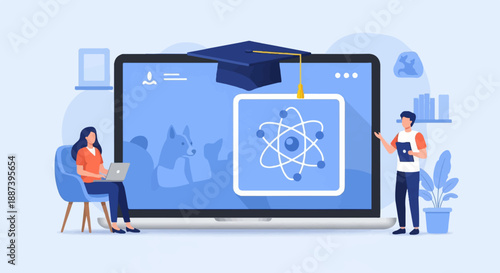 People engage in online learning with a graduation cap and atom diagram
