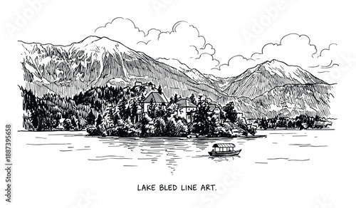 Lake Bled line art illustration with mountains, buildings, island, and boat on the water