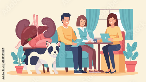 People, a dog, and internal organs gathered in a room