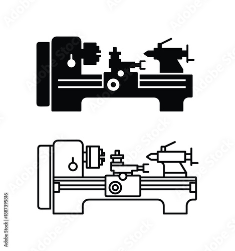 Lathe machine vector icon set, manufacturing equipment silhouette and outline