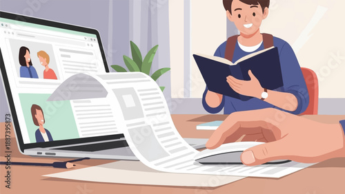 People engaged in learning and work activities on a laptop and book