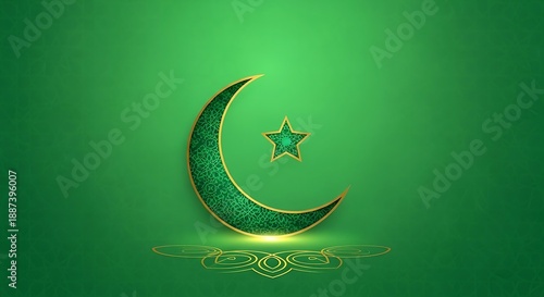 Islamic crescent moon and star symbol on a green textured background with subtle golden accents, representing faith and spirituality