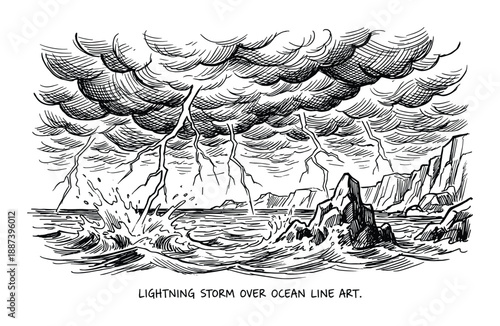 Lightning Storm over Ocean Line Art with Rocks and Cloudy Sky