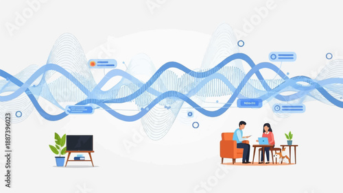 People analyze data streams on couch and desk with dog