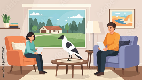 People and a bird inside a room with a window view of a house