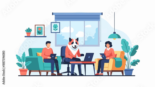 People and a dog-headed figure collaborate on laptops in a bright room