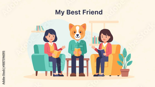 People and a dog-headed person sit in chairs reading books