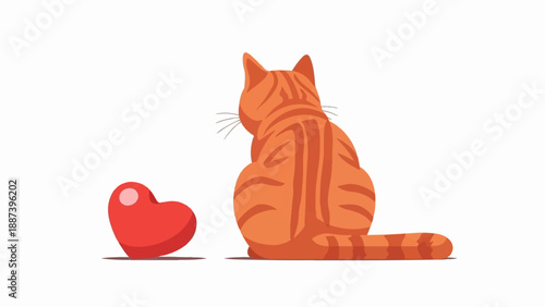 Orange tabby cat facing away from a red heart on a white background