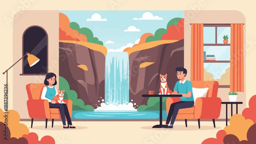 People and dogs relax indoors, with a scenic waterfall view visible through windows