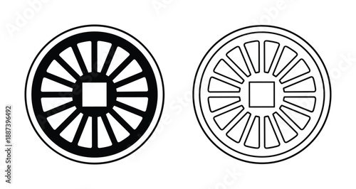 Locomotive wheels illustration, black and white vector line art of train wheel, circular design with spokes and square hub