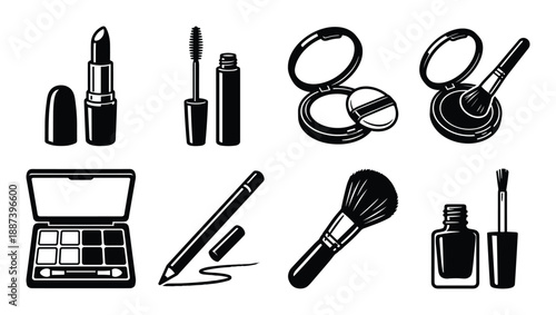 Makeup set illustrations: lipstick, mascara, eyeshadow palette, eyeliner, powder, brush, nail polish. Black and white graphics.