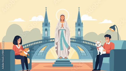 People and dogs relax near a religious monument with architectural elements