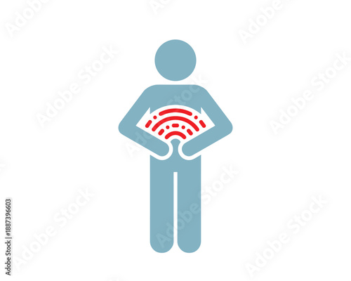 Man with abdominal pain vector illustration, light blue body, red pain waves icon