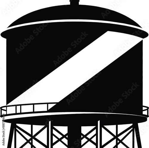 Sustainable agriculture water storage tower silhouette for ESG monitoring. Extreme contrast black and white vector of smart farming infrastructure for precision irrigation and agribusiness