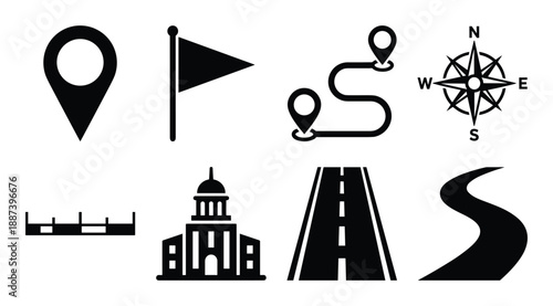 Map location pin, flag, route, compass, scale, building, highway, and winding road icons set for destination and direction.