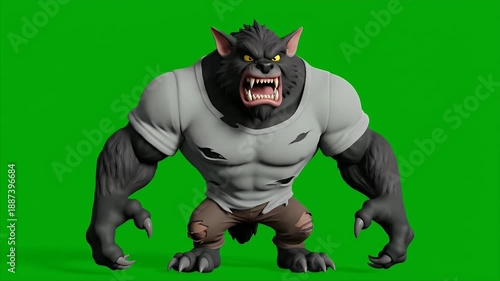 Cartoon Werewolf Roaring with Visible Teeth on Green Screen with Ripped Shirt and Brown Pants Animation Loop Footage