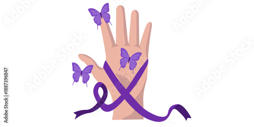 Hand releasing purple butterflies with ribbon symbolizing freedom and awareness