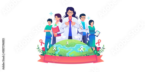 Diverse group of medical professionals standing together around the globe
