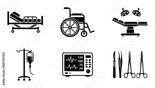 Medical equipment vector set featuring hospital bed, wheelchair, surgical table, IV drip, monitor and surgical instruments