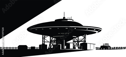 Smart farming central control hub silhouette with tractor in field. High-contrast black and white vector of agritech infrastructure for precision agriculture and automated farm management SaaS