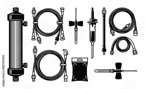 Medical equipment vector illustration: Hemodialysis filter, IV drip set, butterfly needle, blood transfusion set