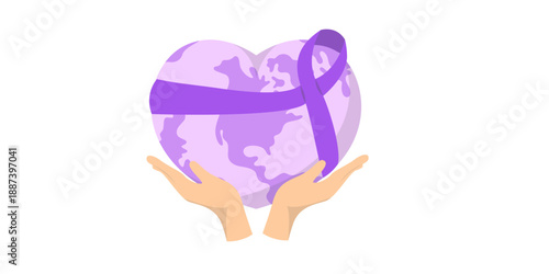 Hands Holding Purple Heart-Shaped Earth with Ribbon