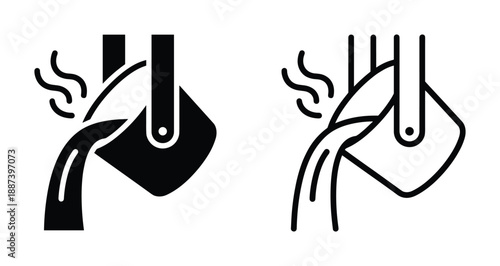 Metal casting process illustration, molten metal pouring from foundry ladle vector icon black and white.