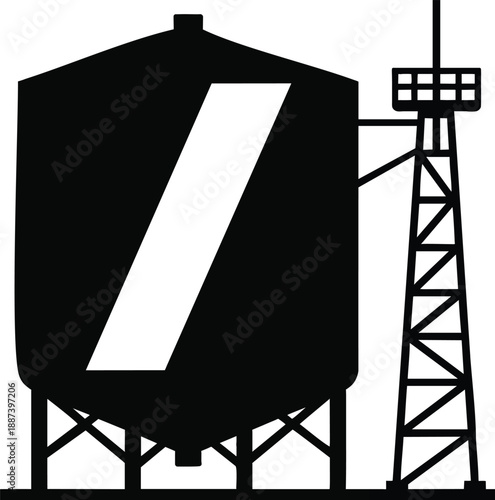 Smart farming silo and monitoring tower silhouette for ESG data collection. High-contrast black and white vector of sustainable agriculture infrastructure for agribusiness SaaS management