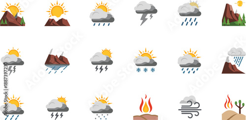 Professional nature and meteorology icons with rocky mountain scenes clouds sun and extreme weather elements for infographics.