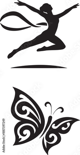 Silhouette of a gymnast with ribbon and a detailed butterfly design