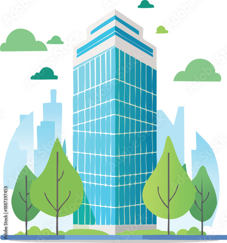 Modern blue glass skyscraper building surrounded by green trees and a city skyline under a clear sky, representing urban development and nature.