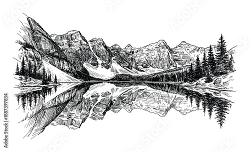 Mountain lake reflection landscape illustration, Detailed mountain peaks, evergreen trees, water reflection in black and white.