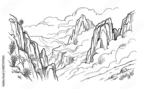 Mountain landscape illustration with towering peaks, cliffs, clouds, and diverse vegetation in a scenic panorama