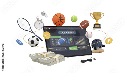 3D online sports betting illustration with tablet cash and sports symbols