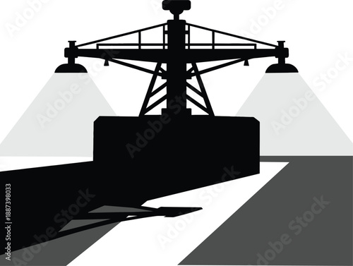 Smart irrigation gantry silhouette vector for precision farming. High-contrast black and white graphic of industrial agrotech infrastructure for large-scale plantation management SaaS