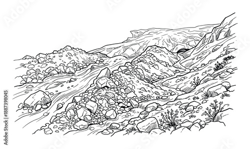 Mountain river flowing between rocks and boulders sketch vector illustration, nature scene, landscape.