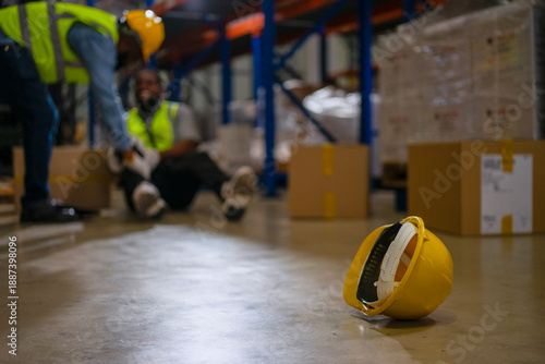 Blue collar workers are working at warehouse.