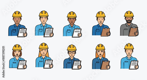 Diversity Construction Team Icons: Engineers, Workers, Foremen Avatars with Hard Hats and Clipboards