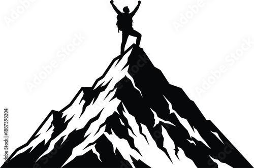 Success mountain peak silhouette, climber reaching summit with raised arms, achievement motivation, adventure leadership, goal victory, challenge, triumph illustration