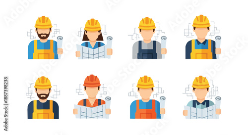Construction Team Avatars: Flat Vector Icons of Diverse Engineers, Architects, and Workers in Hard Hats Holding Blueprints for Building and Industrial Projects.