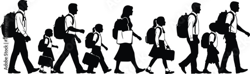 Black Silhouette Collection Of Diverse School Children And Teachers Walking To Class With Backpacks And Briefcases Isolated On White Background For Education And Back To School Design