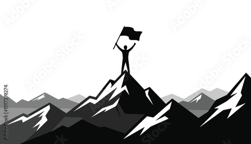 Victory silhouette on mountain peak, person raising flag, success leadership achievement, business goal motivation, challenge triumph concept illustration, vector, art